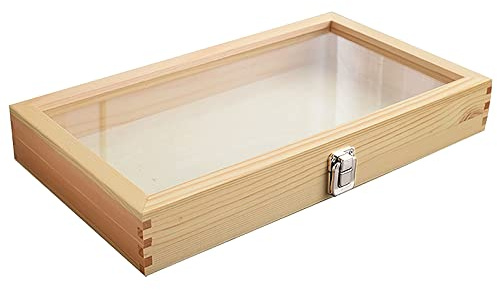 IGTOPS Trälåda Med Lock, Glasvitrinskåp, Dekorativt Monter av Äkta Trä, Smyckeskrin Med Trälock (Träfärg)