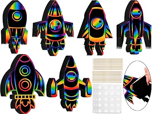 Liliful 48 Set Rocket Scratch Cards Space Theme Party Scratch Crafts Paper Card Art Favors for Adult DIY Crafts Home Decoration Project, 6 Styles