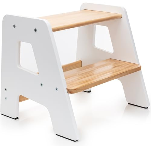 OCODILE 2-Step Wooden Step Stool for Toddlers | Kids Stool for Bathroom Sink & Kitchen Use | Non-Slip Step | Wooden Stool for Children Ages 2+ Years White