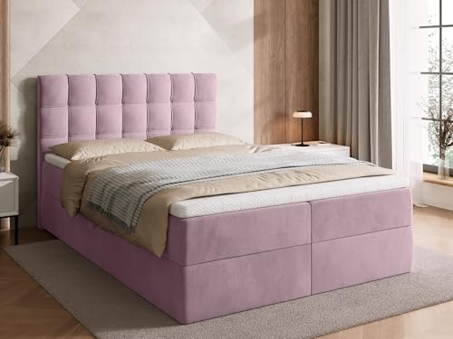 BROMARKT Boxspringbett 140x200cm mit Topper und Bettkasten H3 Puderrosa | Doppelbett für Schlafzimmer mit Bonell Matratze Stauraum und gepolsterte Kopfstütze Bett Bed Einzelbett Federkern DETROIT