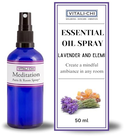 Vitali-Chi Ätherisches Öl Spray aus Lavendel und Elemi | Entgiftende & beruhigende Atmosphäre, Entspannung, Fokus & Ruhe | Lufterfrischer Aura & Raumspray mit erfrischendem & beruhigendem Aroma - 50ml