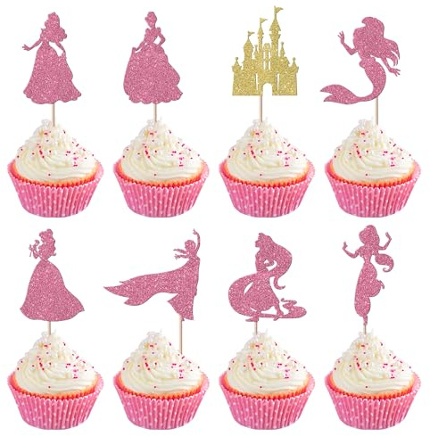 Xsstarmi 24 Pack Magical Princess Theme Cupcake Toppers Glitter Elsa Castle Bella Rapunzel Mermaid Princess Cupcake Picks for Princess Theme Girls Birthday Party Cake Decorations Supplies Pink