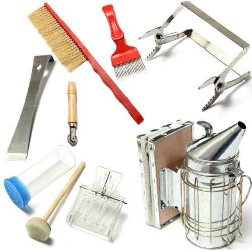CLEADONG Imkerei Werkzeuge Kit, 7-Teiliges Professionelle Bienenstock-Werkzeuge, Imkerei-Werkzeugset Für Imker Mit Bienenstock Smoker, Wohnungen Bauernhöfe Werkstätten Für Bienenhaltung Silver, Rot