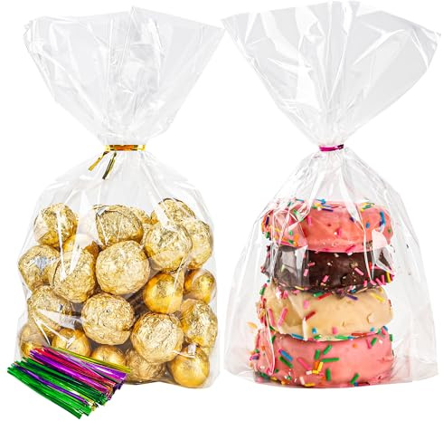 NPLUX 100-pack cellofanpåsar, klar platt botten cellofan presentpåsar med 100-pack vridband för godis popcorn kaka liten presentförpackning (6 × 9 × 2,4 tum