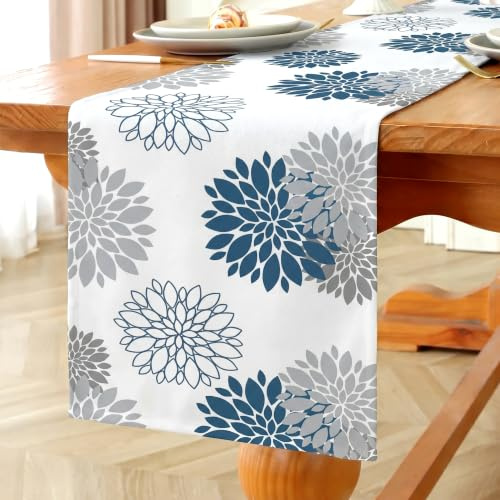 Vorysum Camino de Mesa Dalias Moderno Cocina Exterior Impermeable Camino de Mesa Azul Marino Hogar Decoración Manteles para Fiestas de Vacaciones Comedor 33x183 cm
