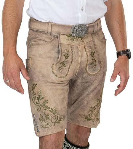 Schöneberger Trachten Couture Herren Lederhose kurz, Original Antik Wildbock Trachtenhose für Oktoberfest, grüne Stickereien und Trachtengürtel Franz (52)
