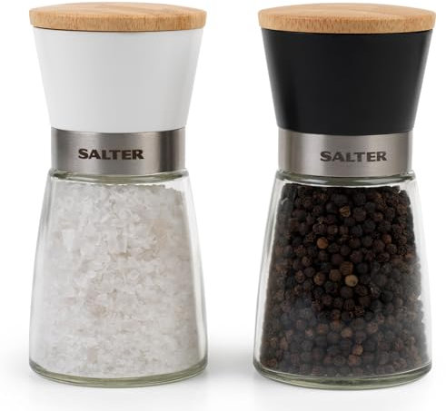 Salter Pre-Filled Salt & Pepper Mills - Spice Mill Set with Ceramic Mechanism, No-Spill Design, Twist to Grind Universal Mechanism, Glass Mill Body, Easy Refill, Monochrome Design, BW12956FEU7