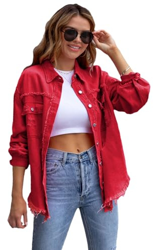 amropi Veste en Jean pour Femmes Chemisier en Denim Léger Blouson Ourlet Effiloché Jacket Rouge, S