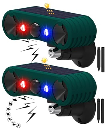 2piezas Sirena Solar de detección de Movimiento al Aire Libre,para jardín | Ahuyentamiento por ultrasonido, 130db Siren, 4 Modos, luz estroboscópica activada por Movimiento Rojo y Azul，IP65