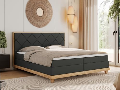 MKS MEBLE Boxspringbett mit Kopfteil, Polsterbett mit Massivholz Eiche, Bett mit Stauraum und 7-Zonen Taschenfederkern Mattratze H3, Stauraumbett 180x200 - Caicos Dunkelgrau Kunstleder