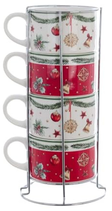 Blanc Mariclò Set de 4 tasses à café de Noël en porcelaine avec support Hamamelide 8x7x11 cm