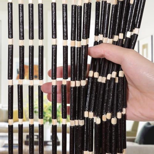 Boshen Handmade Bamboo Beaded Curtains for Doorways, 65 Strands 35.5x78.7inch Natural Wood Boho Hanging Door Beads Curtains Room Divider for Home Decor Hallway Window(Black)
