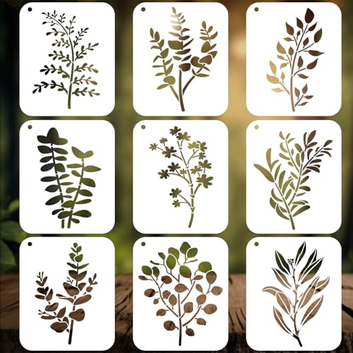 Blumenschablonen, 9-teilige Schablonen zum Basteln, wiederverwendbare Pflanzenschablonen zum Malen, natürliche Pflanzen, Schablone zum Malen, Zeichenvorlagen, DIY-Kunst, Scrapbook, Wanddekoration