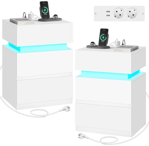 WOLTU Set med 2 sängbord med laddningsstation, anslutet nattduksbord, LED-nattduksbord, 2 uttag, 2 USB-portar, 2 lådor, 1 fack med dörr, vit, NTS23ws-2