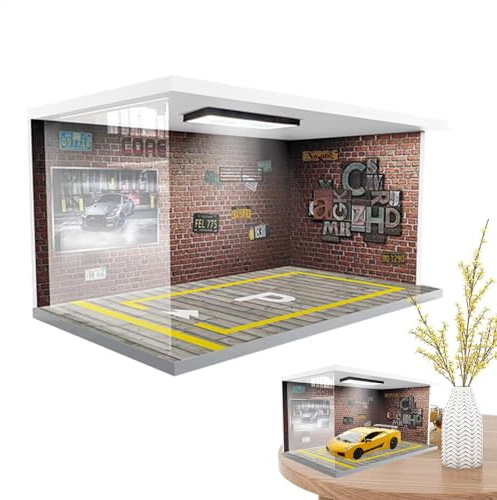 Car Collector Display Case - Garage Model Display Case, Car Model Garage Background Wall Decor | Car Collector Display Case Lighting LED Car Display Stand Display Model, Parking Garage Model with