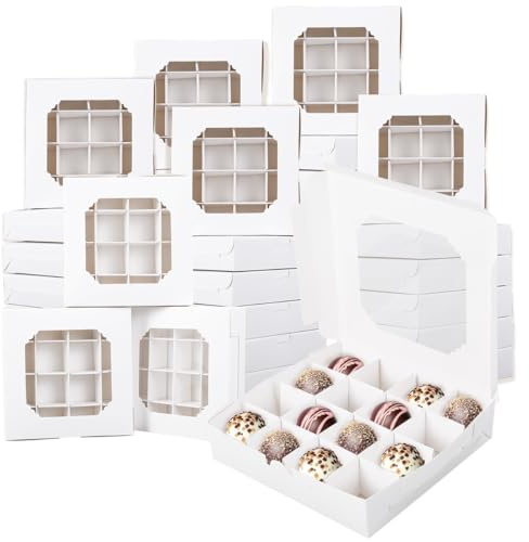 Abizarch Pralinenschachteln, leer, weiß, mit Einsätzen, durchsichtigem Fenster und Trennwand, 16 Fächer, Leckerli-Box, Probenboxen für Schokolade, Süßigkeiten, 20 Stück