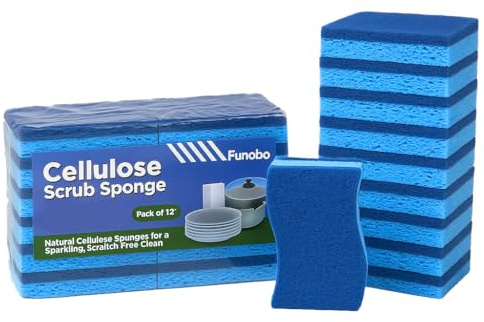 Funobo Non-Scratch Cellulose Scrub Sponge – 12 Pack, Dual-Sided Kitchen Sponges for Dishwashing, Heavy-Duty Cleaning & Stainless Steel – Eco-Friendly Sponges for Sink, Pots, Pan (Blue - Non Scratch)