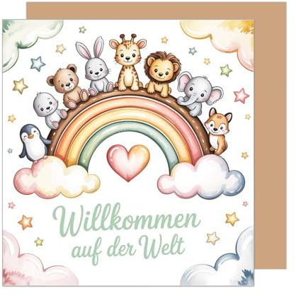 Edition Seidel Premium quadratische Glückwunschkarte zur Geburt mit Umschlag. Karte Grußkarte Babykarte Willkommen auf der Welt Baby Mädchen Junge Tiere Regenbogen (EQ139 SW025)