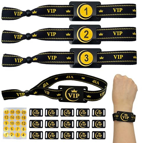XCSJ Stoff Armbänder, VIP Party Armbänder, Verstellbare Stoff Einlassbändchen für Party, Events, Konzerte, Bars, Club (15 Pcs VIP Eintrittsbänder Einlassbänder+15 Pcs Karten+1 Pcs Aufkleber)