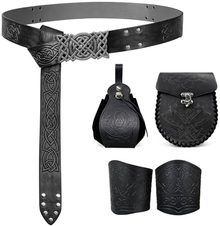 Ecoret-Pro Wikinger Gürtel Set, Mittelalter Gürteltasche Geprägte Kunstleder mit Manschette Armband & Lederbeutel, Mittelalter Ritter Zubehör, Wikinger Kostüm Accessoires Anzug für Herren, Schwarz