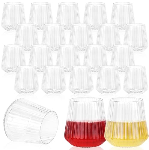 Kaxtde 24 Pack Reusable Plastic Wine Glasses Bulk, 420ml Unbreakable Ribbed Cocktail Glasses, Clear Stemless Wine Cups for Parties Picnics Weddings Garden & Hen Party