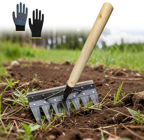 Sierpe de jardín resistente de 7 puntas con mango de madera, herramienta de extracción de malas hierbas de hierro, rastrillo manual de hierro pintado en aerosol, herramienta de desarraigo Gardinia