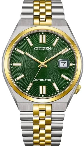 Citizen Tsuyosa 60 NK0024-54X Mechanische Armbanduhr, Unisex, Stahl, zweifarbig, goldfarbenes Zifferblatt, Saphirglas, Grün, 40 mm