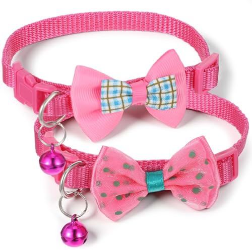 2 Stück Sicherheits Halsband Katze Rosarot Katzenhalsband Glocke Fliege Halsbänder, Größ 23–34 cm Verstellbar Katze Glockenhalsband mit Schleife für Katzen Teetasse Chihuahuas Kaninchen