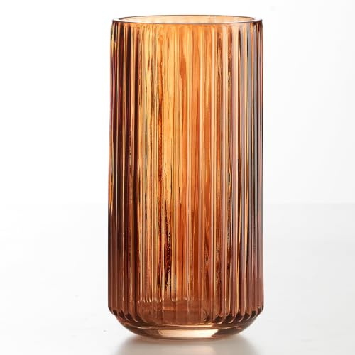 Ekirlin Jarrón de flores de 7.5 pulgadas, ámbar grueso, vidrio soplado a mano, botellas redondas vintage a rayas para estantería, mesa de comedor, escritorio de oficina interior, sala de reuniones