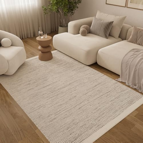 TAPISO Loni Wollteppich handgewebt Beige Creme Wohnzimmer 70 x 140 cm