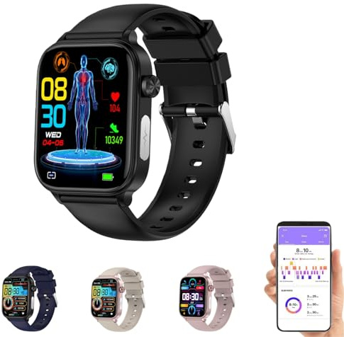 Kuisoe GlucoCare SOS— Smartwatch Mit GPS Sportuhr Mit Blutdruckmessung & EKG Herzfrequenz Körpertemperatur Bluetooth-Anrufe Nachrichten Android/iOS-Kompatibel (Schwarz)