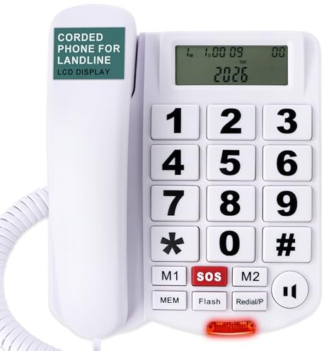Lativu stor knapp telefon för seniorer, fast telefon med sladd med nummerpresentation, SOS-knapp, 2 enknapptrycksknappar och handsfree, hög ringartelefon för hem/kontor/hotell
