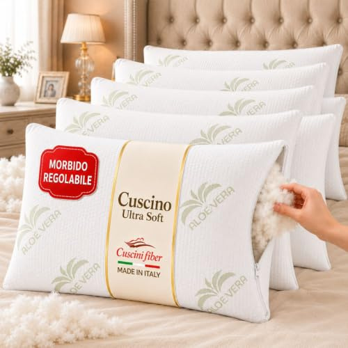 cuscini fiber - 6 Cuscini Letto Matrimoniale Ultra Soft Imbottiti con Fibra di Poliestere Molto Morbida, il Guanciale Letto Possiede un’Altezza di 15cm REGOLABILE, Federa Anallergica con Zip (Aloe)