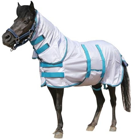Gallopoff Couverture Anti-Mouches pour Mini-Cheval/Poney, Blanc 95cm | avec Couvre-Cou et Bande Ventrale Amovible, Protection UV, Maille Légère et Respirante pour Âne Miniature/Poulain Sevré