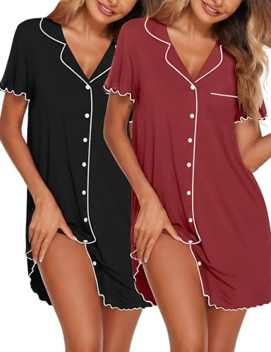 Ekouaer Camicia da Notte Donna Estiva in Due Pezzi Indumenti Maniche Corte Pigiama con Bottoni Confortevole Abito da Notte Aperta Davanti Scollo a V