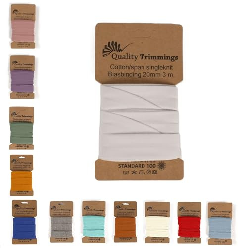Die Stofftante Jersey Schrägband | vorgefalztes, elastisches Einfassband | aus Baumwoll-Jersey | Coupons á 3 Meter x 20mm (weiß 500)