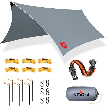 Rain Fly by NoCry 3 x 3,65 m Lightweight Camping Tarp; 100% Waterproof; Makes a Great Backpacking Tarpaulin, Basha or Hammock Shelter; with Survival Bracelet; Grey