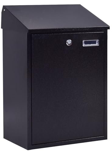 COSTWAY Wall Mounted Mailbox with Large Spaces, Lockable Letterbox with Cover & 2 Keys, Weather Resistant Postbox, Easy to Assemble, Premium Galvanized Steel (Black)