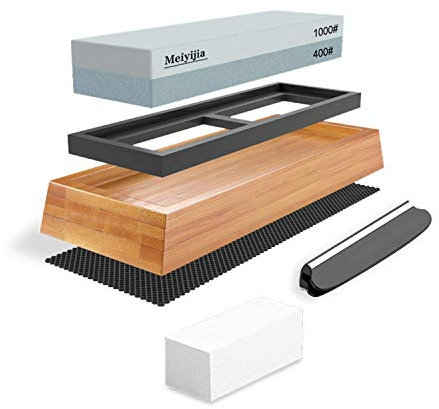 Meiyijia Piedra Afilar Cuchillos - kit piedras de afilar cuchillos con Base antideslizante Silicona Guía ángulo piedra aplanadora correa cuero (400/10000Grupo)
