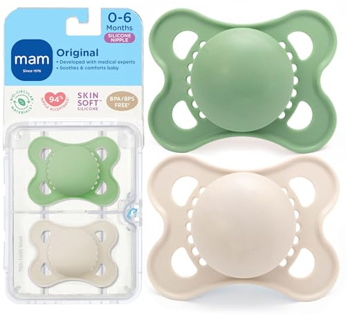 MAM Original Baby Pacifier 0-6 Mths, Skin Soft Silicone Nipple, 2 Pack
