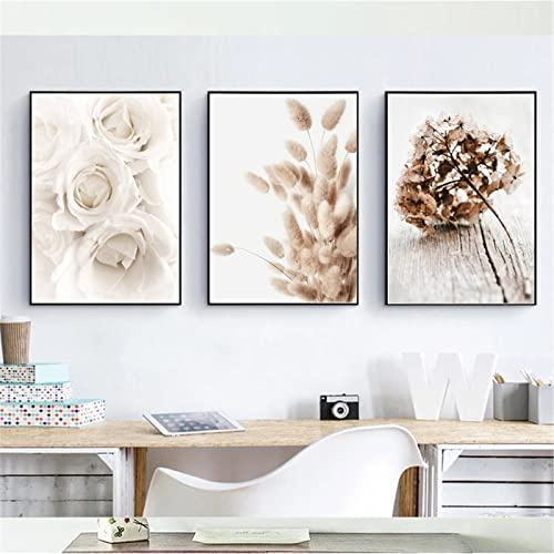 RAILONCH 3er Moderne Poster Set Stilvolle Pfingstrose Blumen Wandbilder Boho Beige Natur Pampasgras Bilder Ohne Rahmen Kunstposter Home Deko (30 x 40 cm)