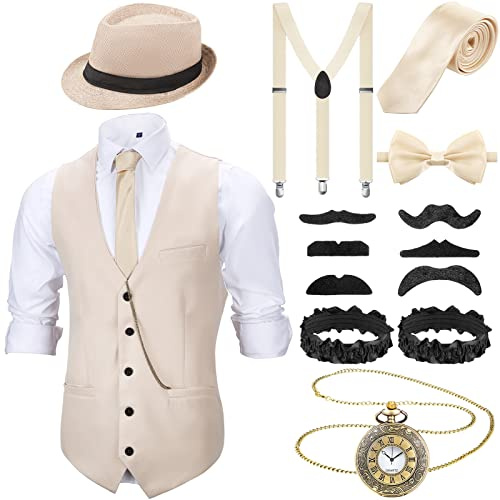 Blulu 1920er Herren Zubehör Gatsby Gangster Kleidung Kostüm Cosplay Outfit mit Weste Fedora Hut Taschenuhr Hosenträger Fliege für Mann Halloween Cosplay