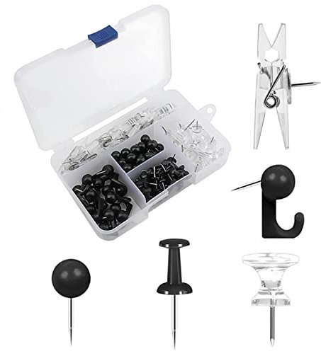 Cheeroyal 125-teiliges Pinnnadel-Set, Schwarze/durchsichtige Kunststoff-Reißnägel, dekorative Reißnägel mit Edelstahl-Pinnnadeln für Tafel, Büro, Wandkarten, Fotos, Poster (Schwarz)
