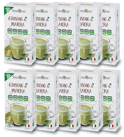 foodNess - 10 Box da 10 Capsule di Ginseng & Matcha, Capsule Compatibili con Sistema Nespresso, Preparato Solubile, Senza Glutine, Lattosio, Additivi e Senza Zuccheri Aggiunti