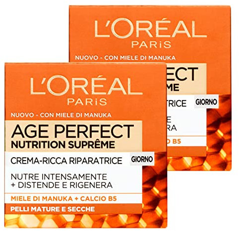 L'Oréal Paris Age Perfect Nutrition Suprême Crema Giorno Riparatrice Viso Formula con Miele di Manuka e Calcio B5 Azione Nutriente Rigenerante Texture Ricca Pelli Mature e Secche - 2 Barattoli da 50ml