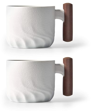 BlogBlog Espressotassen aus Keramik mit Holzgriff, Espresso-Schnapsbecher, Keramik-Teetassen, Porzellan, Demitasse-Tassen für Kaffee oder Tee, 57 ml (Weiß, 2)