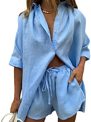 Vioyavo Completo Donna 2 Pezzi in Lino e Cotone Set Camicia Allentato con Bottoni Pantaloncini Corti a Vita Alta Eslatica con Coulisse Estivi Casual Spiaggia Lavoro Vacanza (Blu, M)