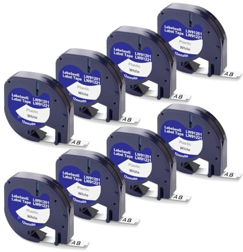Labelwell 8x Kompatibel für Dynmo 80 XR LT-100H LT-100T QX50 XM 2000 200B Beschriftungsgerät für 91201 91221 S0721660 Schriftband 12mm x 4m Schwarz auf Weiß Etikettenband