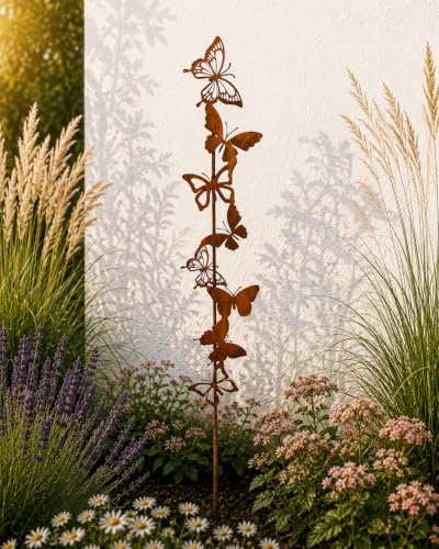 Terma Gartenstecker Set Rost Rankstab Schmetterling XXL Gartenfigur groß, Metallfigur Garten Tiere Figuren für den Garten rostdeko Figur Tiere aus rost deko Metall Rankgitter