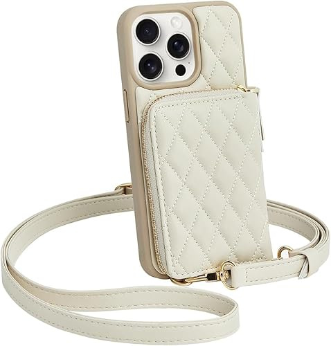 CUSTYPE für iPhone 15 Pro Hülle mit Band, Geldbörse Hülle aus Mikrofaserleder, Handykette Hülle für Apple iPhone 15 Pro Beige 6,1”